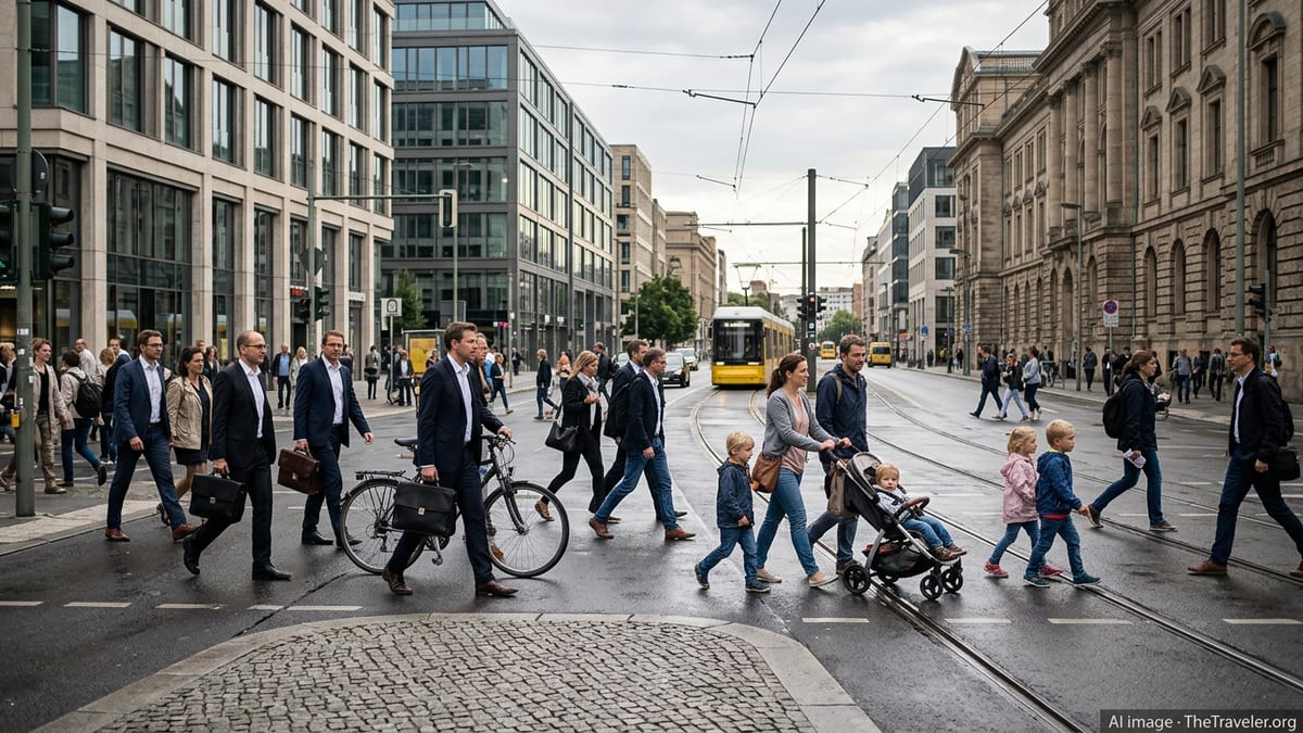Busy Berlin street with diverse pedestrians and offices on an overcast afternoon.