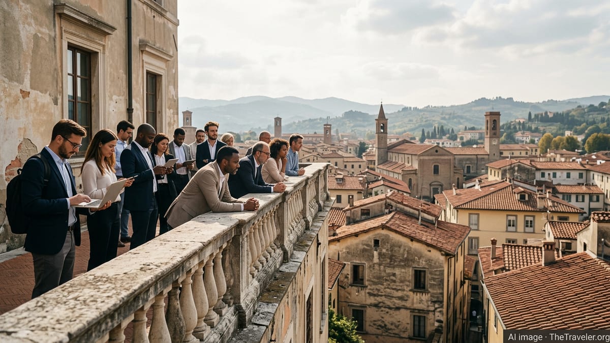 Mixed group of professionals on a terrace overlooking an Italian city skyline.
