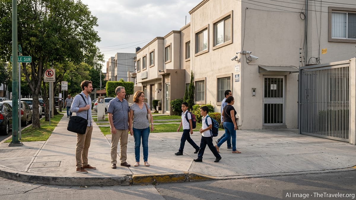 Street scene in a modern Mexican neighborhood with locals and expats walking past gated apartment buildings.
