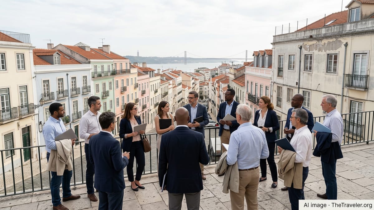 International professionals and retirees overlooking Lisbon’s hillside housing and river while assessing relocation options.