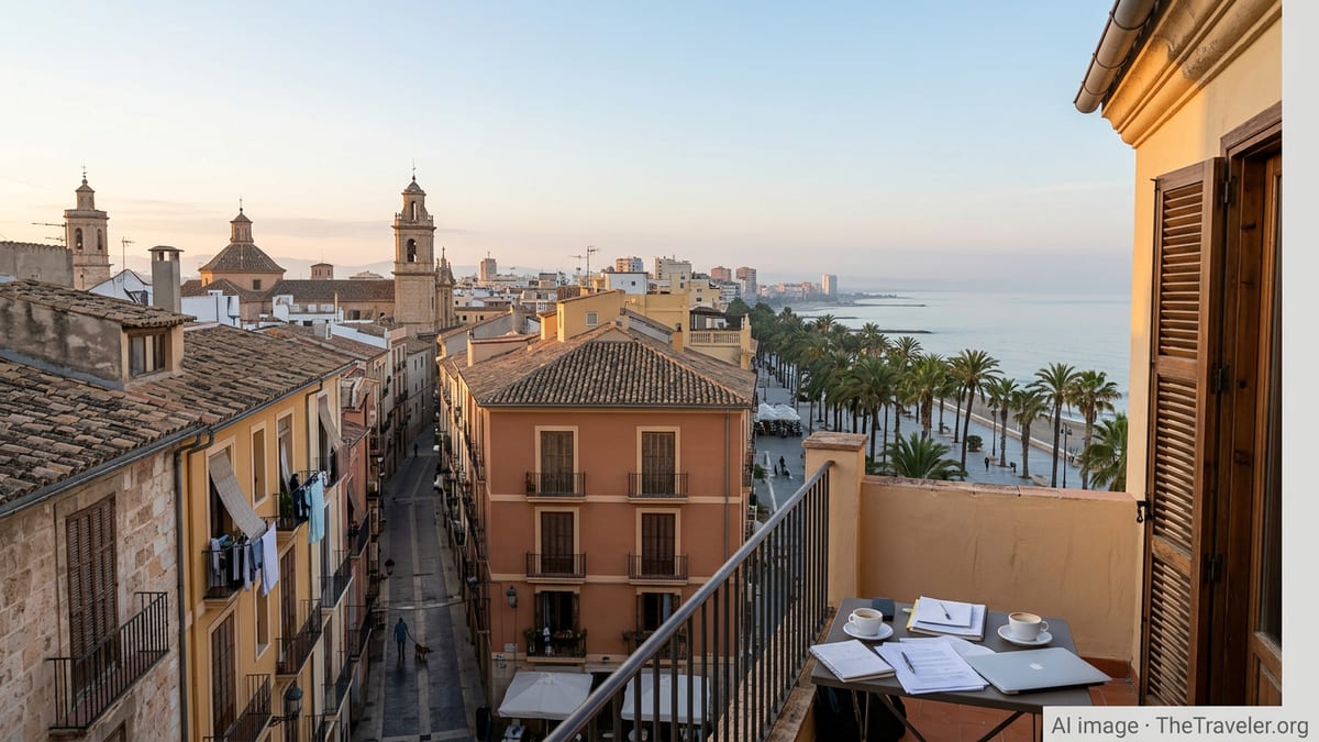 People of different ages in a Spanish city square, suggesting varied suitability for relocation.