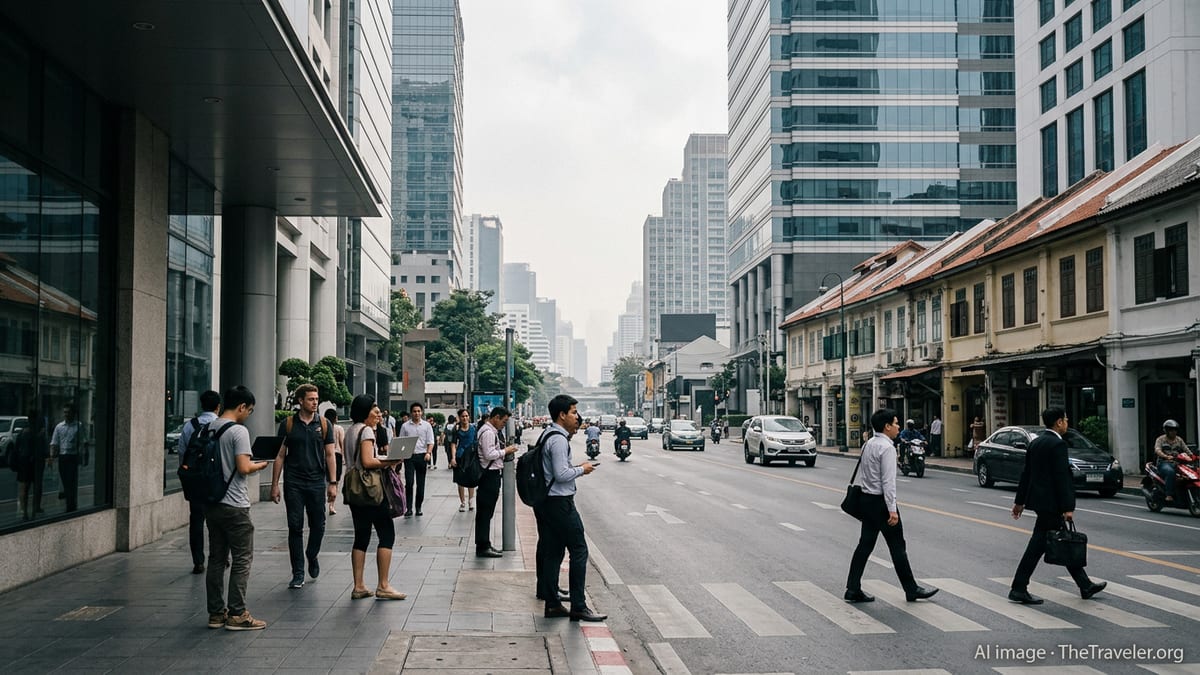 Urban street in central Bangkok with locals and expats walking among high-rises on a slightly hazy day.