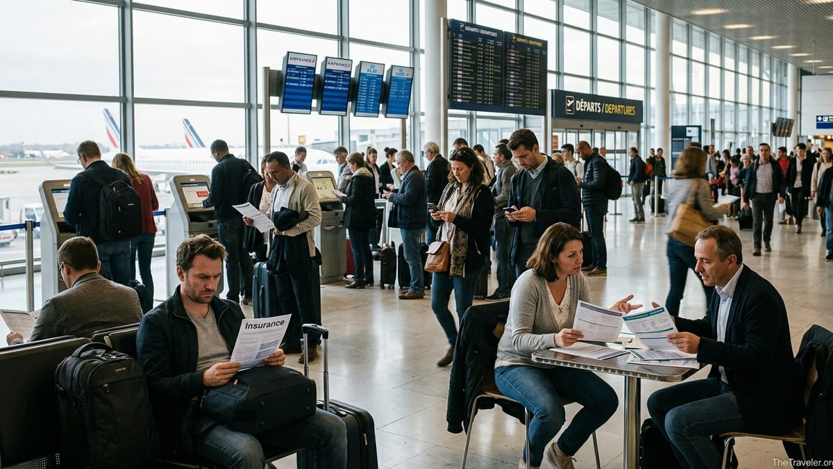 Travelers at a European airport carefully reviewing printed travel insurance documents before departure.
