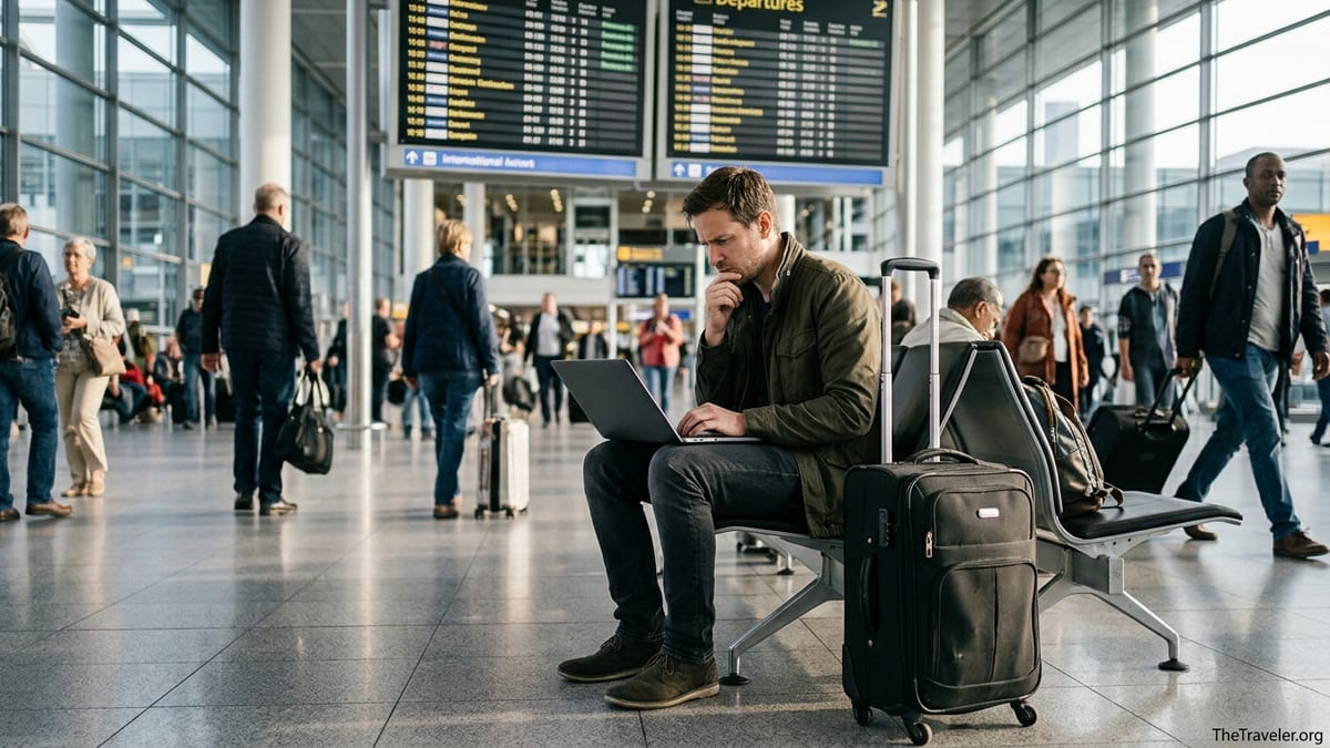 Traveler in airport terminal comparing travel insurance options on a laptop