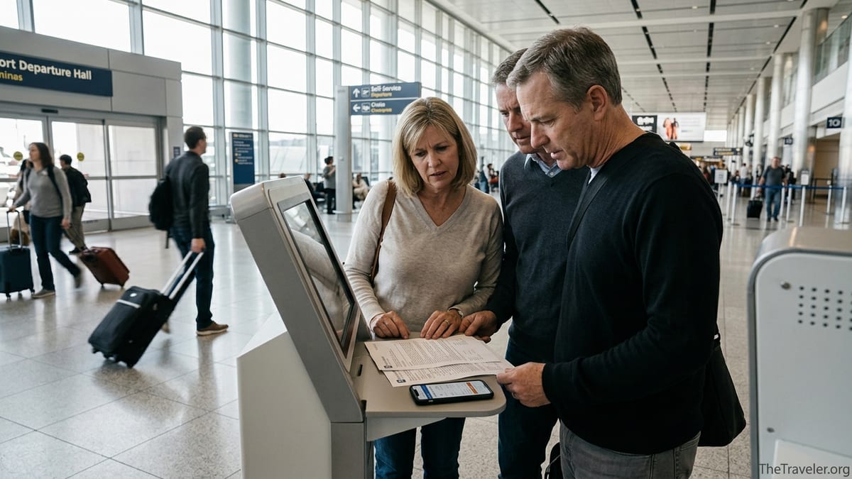 Couple in an airport studying travel insurance papers beside their luggage
