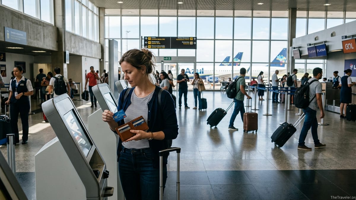 Traveler at a Brazilian airport choosing a credit card at a kiosk with Azul planes outside.