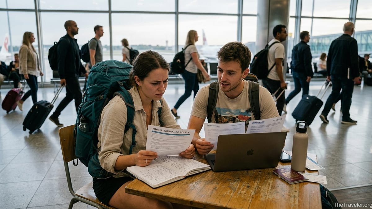 Backpacker couple at an airport table comparing travel insurance documents before a long trip.
