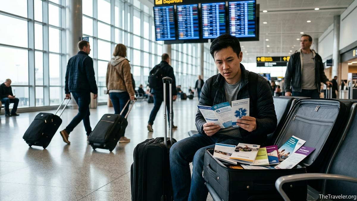 Traveler in an airport comparing different travel insurance brochures before a flight.