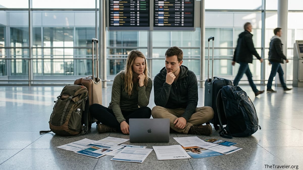 Travelers in an airport comparing Chapka insurance documents with alternative policies.