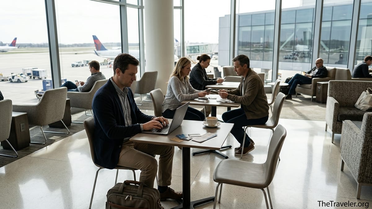 Traveler comparing premium credit cards in an airport lounge overlooking a busy terminal.