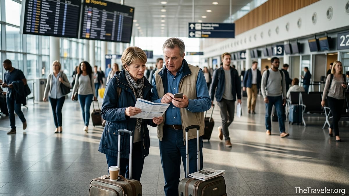 Concerned travelers checking travel insurance documents in a busy airport departures hall.