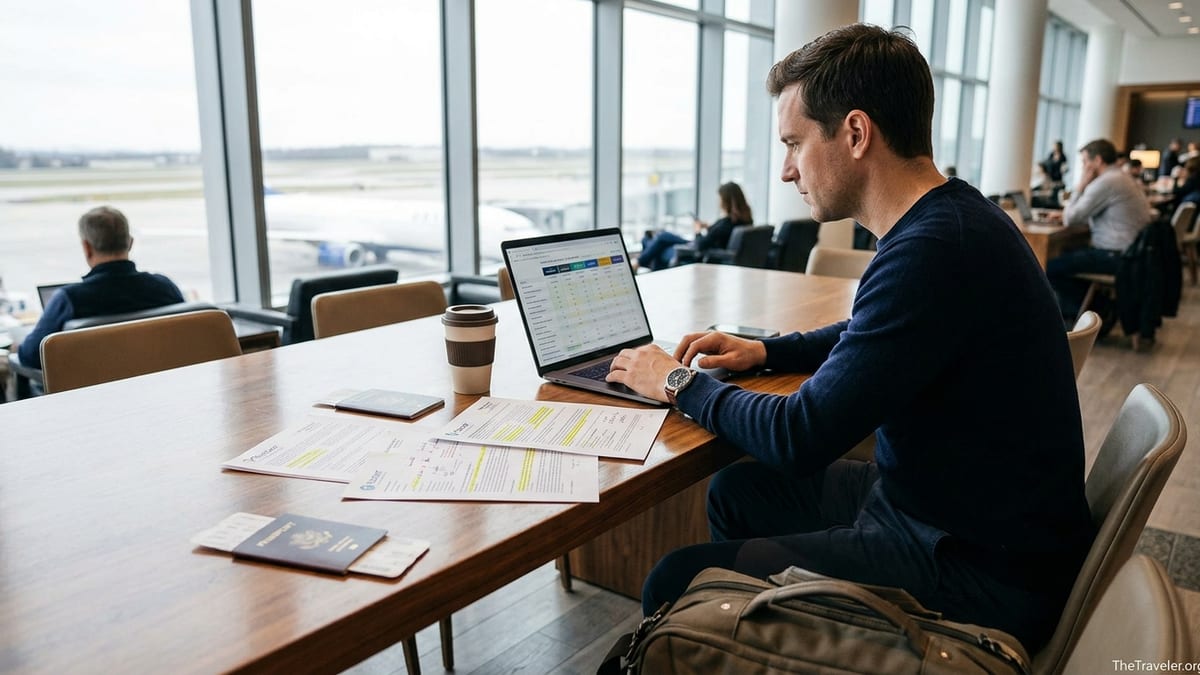Traveler comparing multiple travel insurance documents in an airport lounge.