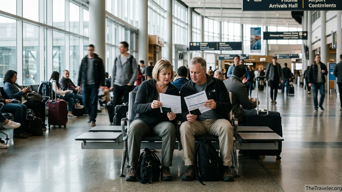 Travelers at a Canadian airport arrivals hall reviewing insurance documents.