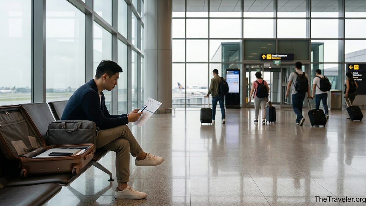 Traveler at Singapore airport comparing travel insurance options before a flight.