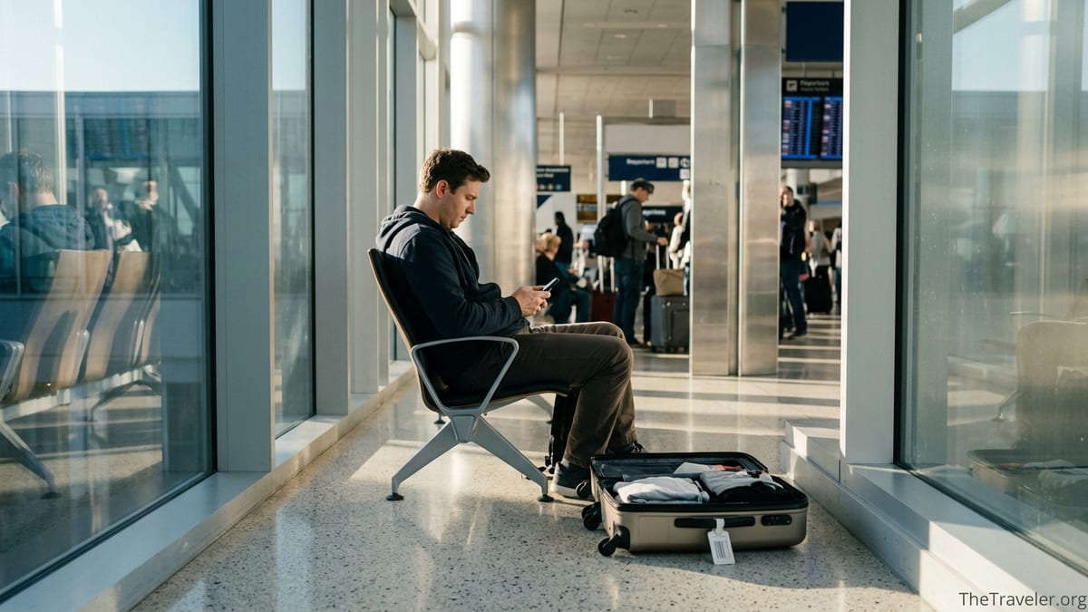 Traveler in an airport terminal checking travel insurance on a phone.