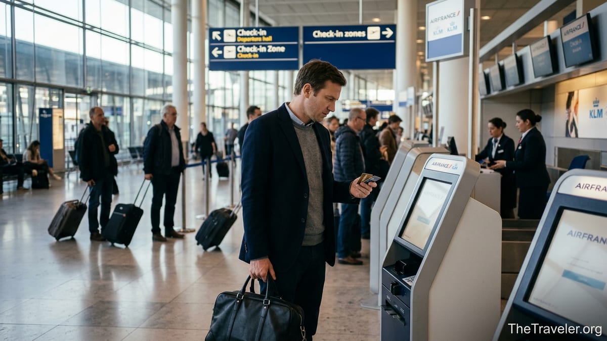 Traveler at Paris airport hesitating between credit cards near Air France KLM check-in.