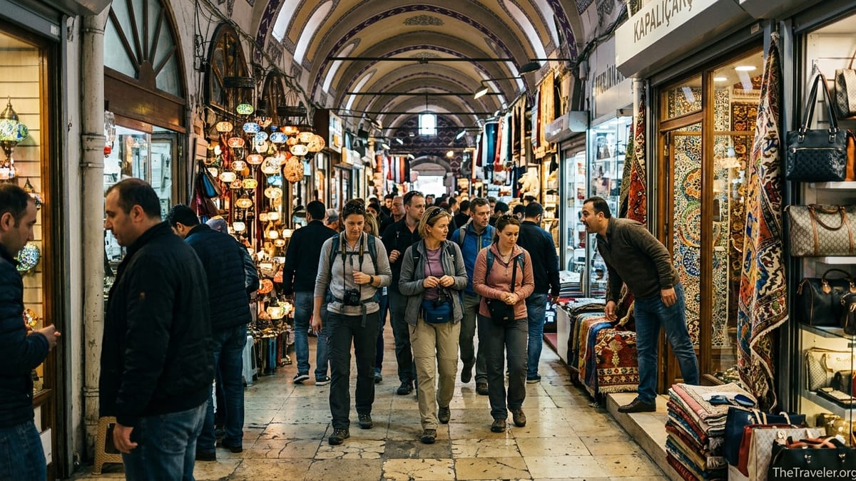 Busy corridor inside Istanbul’s Grand Bazaar with tourists and insistent shopkeepers under vaulted arches.