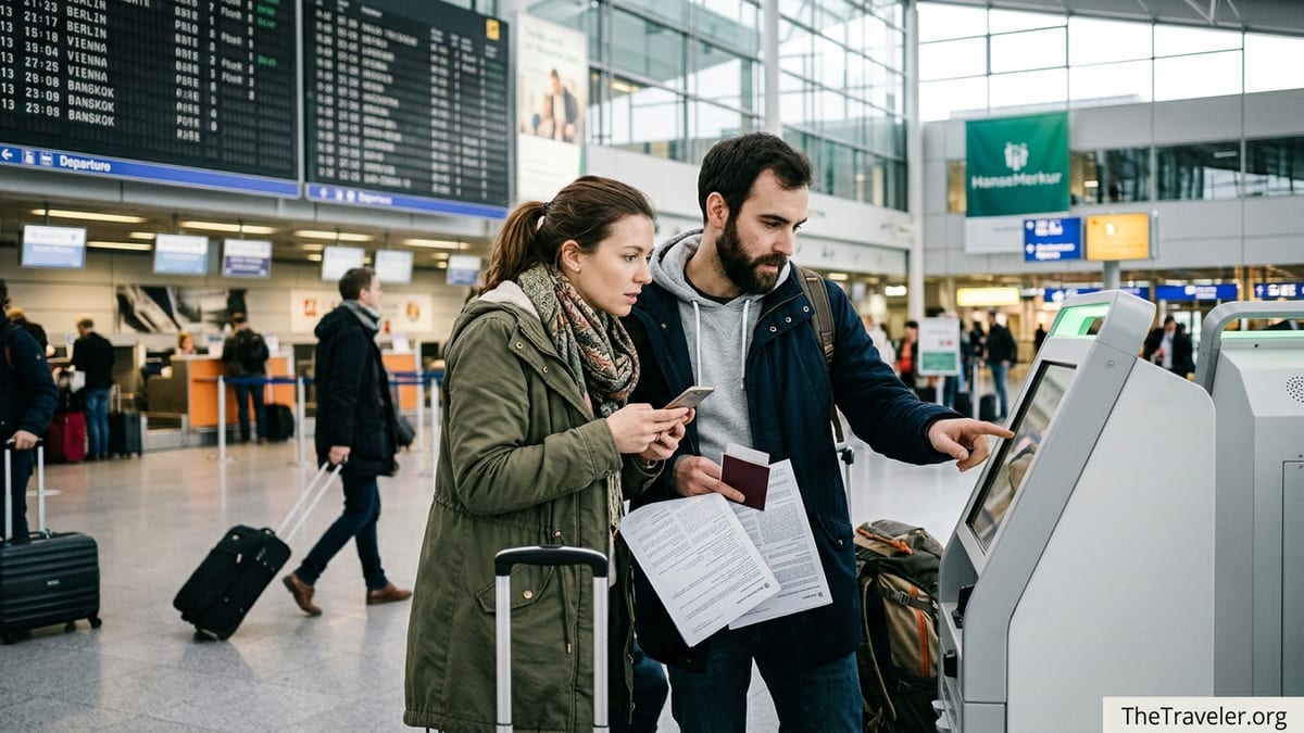 Travelers at a European airport reviewing travel insurance options at a kiosk.