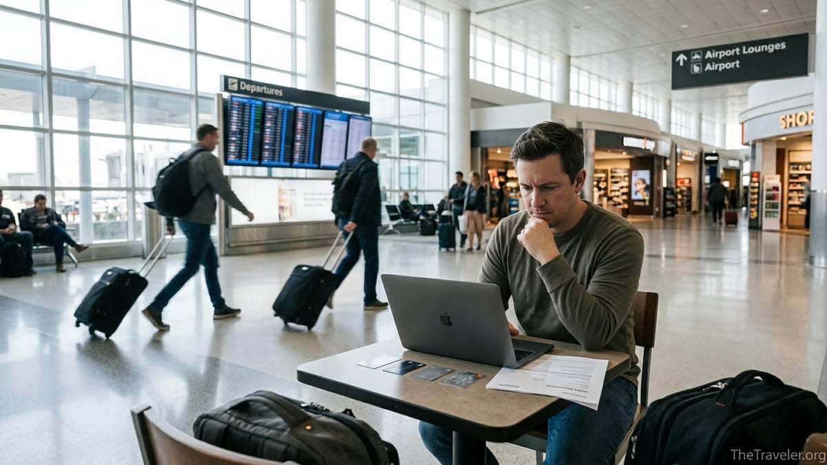 Traveler at airport cafe comparing several credit cards while planning a hotel stay.