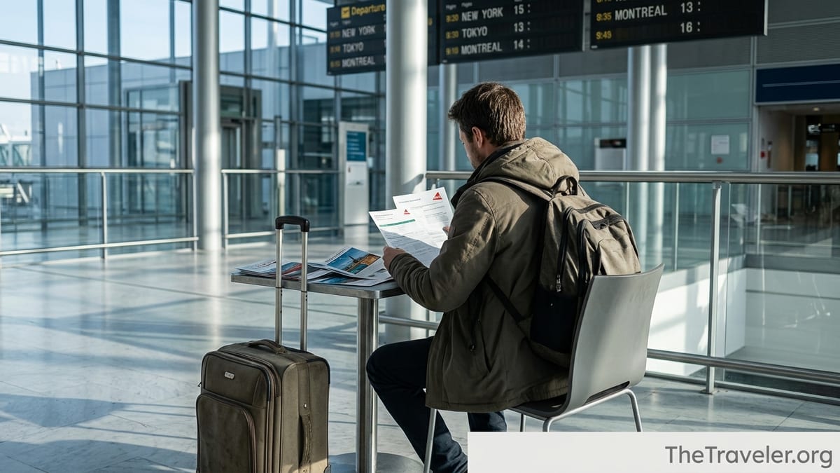 Traveler in a French airport comparing MAIF and other travel insurance documents.