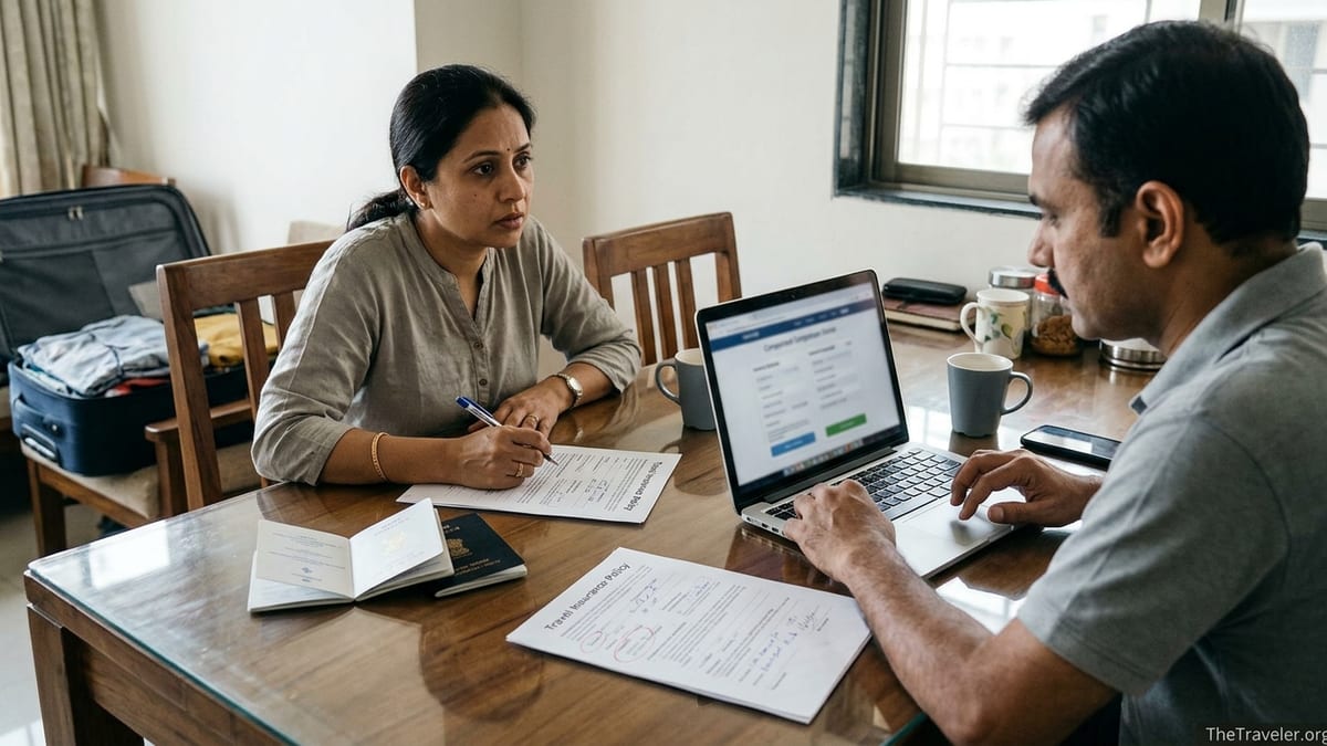 Indian couple reviewing printed travel insurance documents and a laptop at home before an overseas trip.