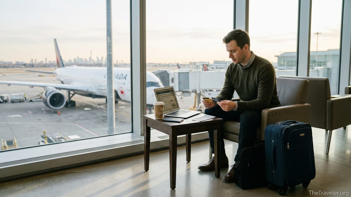 Traveler in a Canadian airport lounge comparing credit cards before a flight.