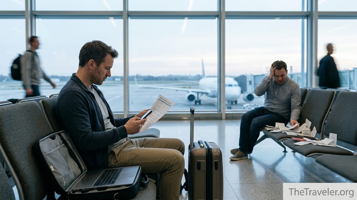 Traveler reviewing travel insurance documents in a quiet airport lounge at dawn.