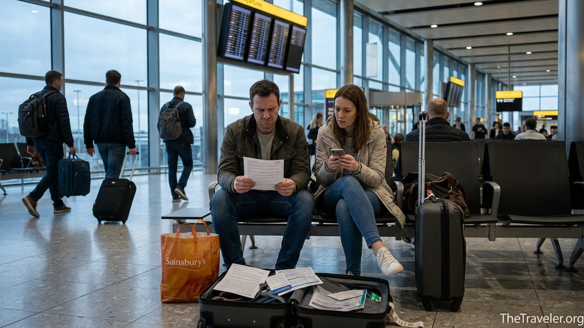 Concerned couple at a UK airport reviewing travel insurance papers before departure.