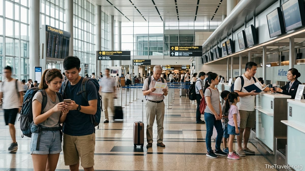 Travelers at Changi Airport comparing travel insurance documents at check in.