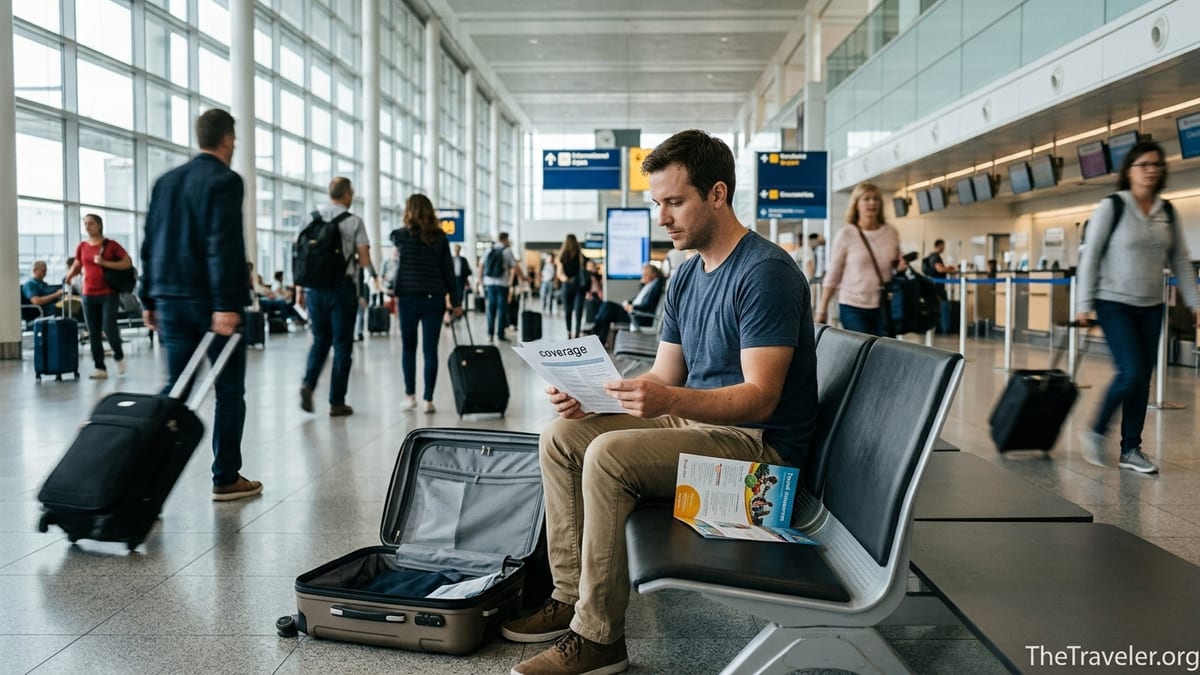 Traveler in an airport comparing printed travel insurance documents beside luggage.