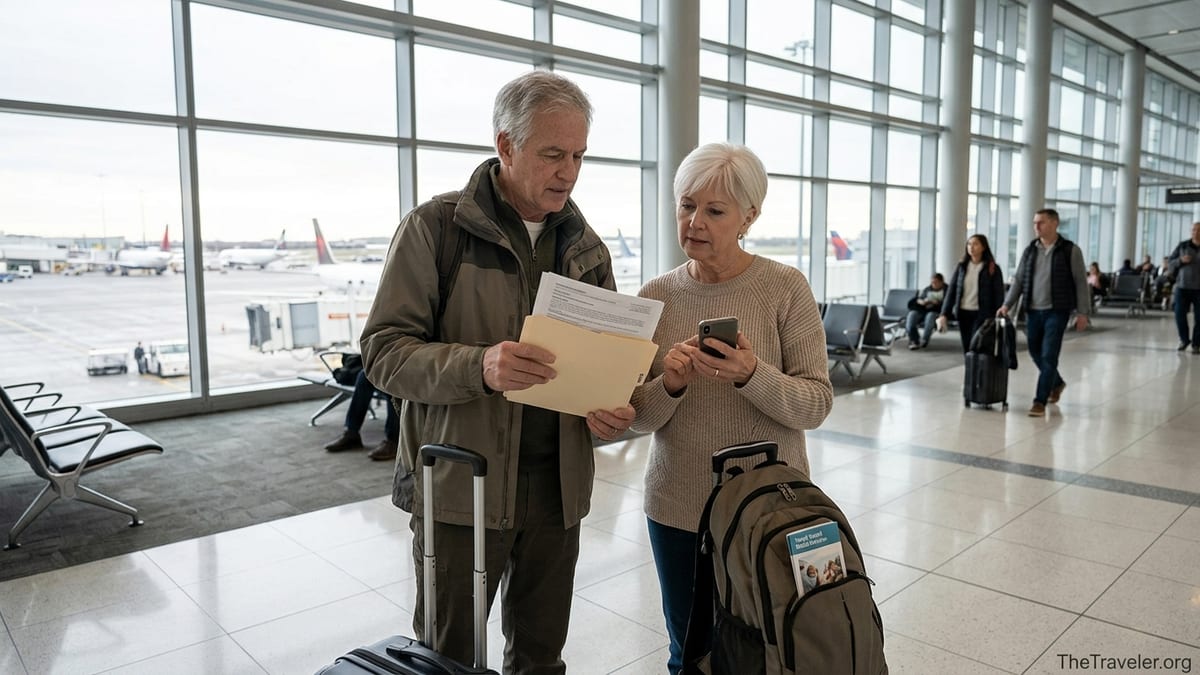 Older couple at an airport terminal reviewing travel insurance papers before their flight.