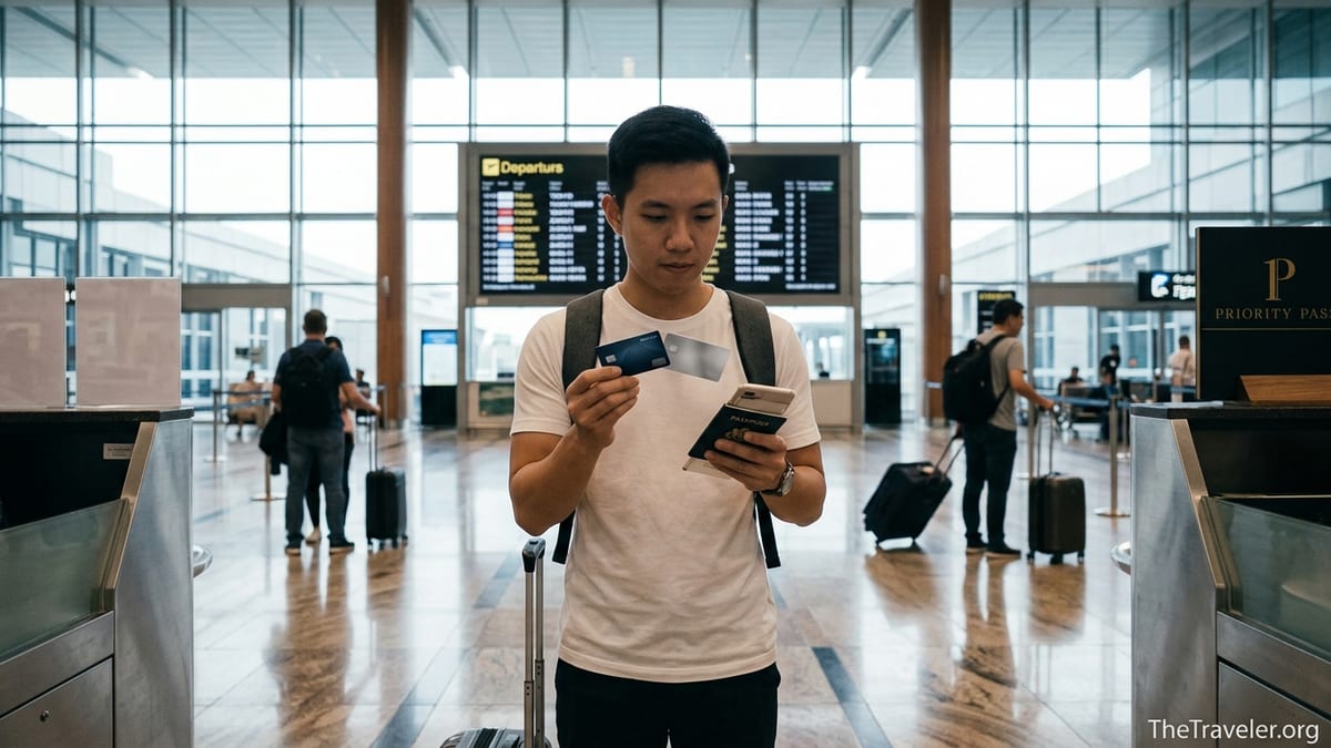 Traveller at Changi Airport comparing two credit cards before a flight.