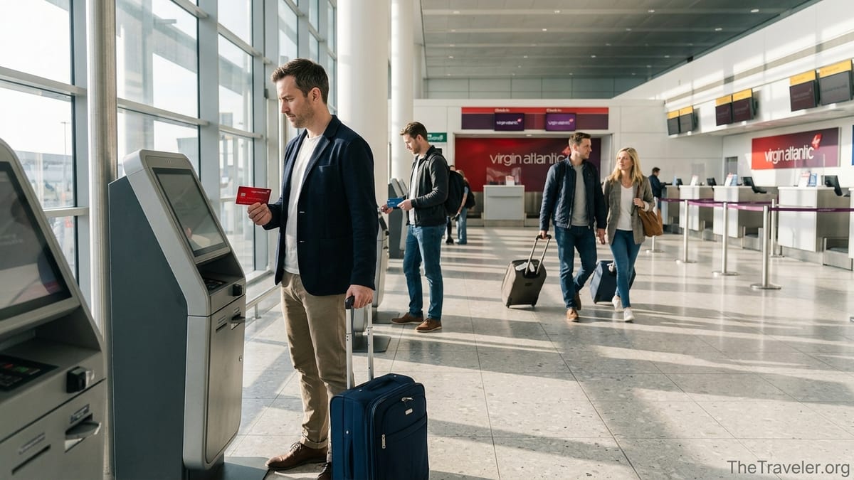 Traveler at an airport kiosk holding a Virgin Atlantic credit card, weighing alternatives.