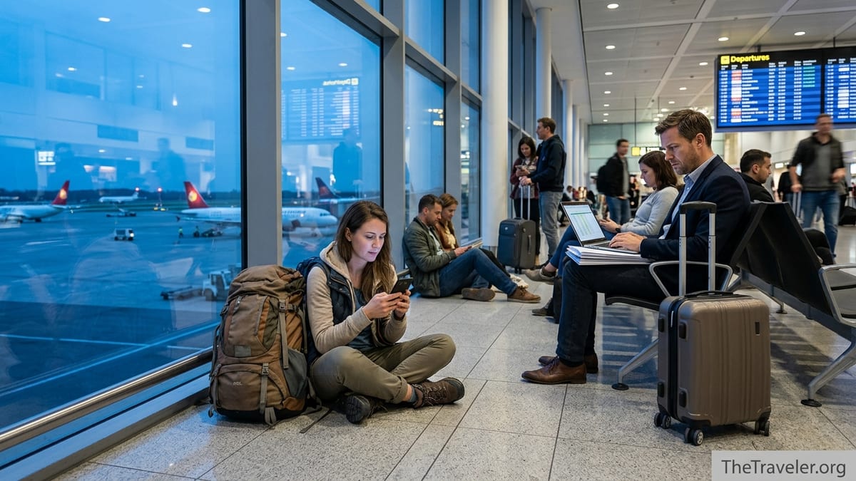 Travelers at an airport comparing hotel booking apps on phones and laptops.