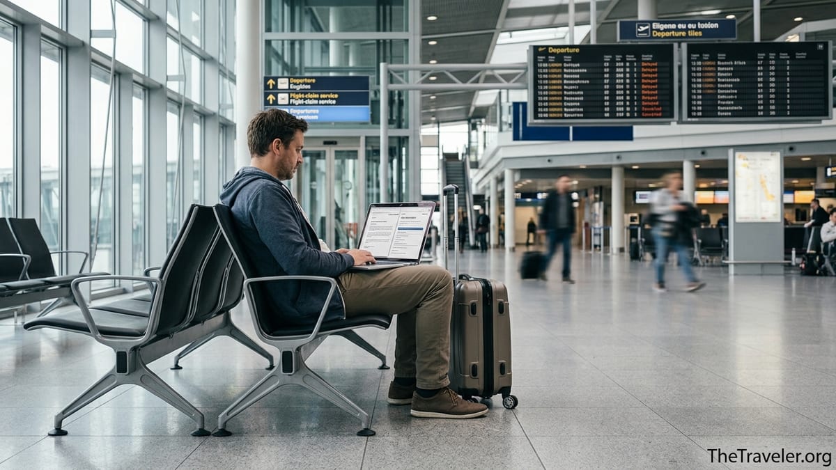 Traveler in a European airport checking flight compensation options on a laptop.
