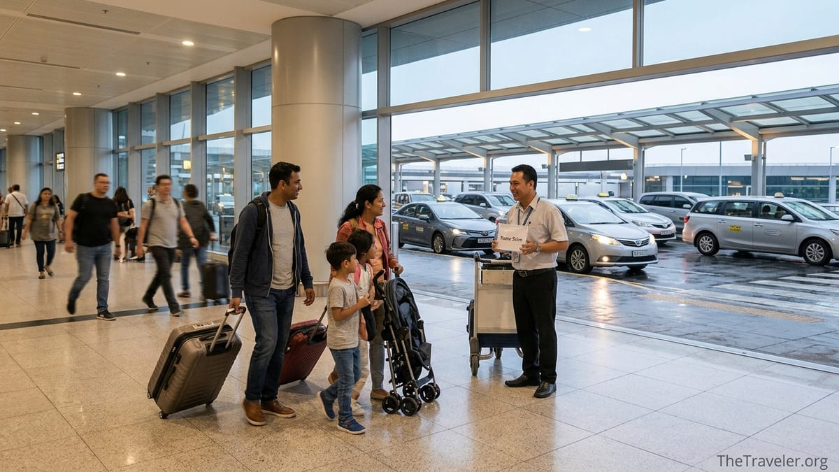 Family meeting a driver with a name sign in a busy airport arrivals hall.