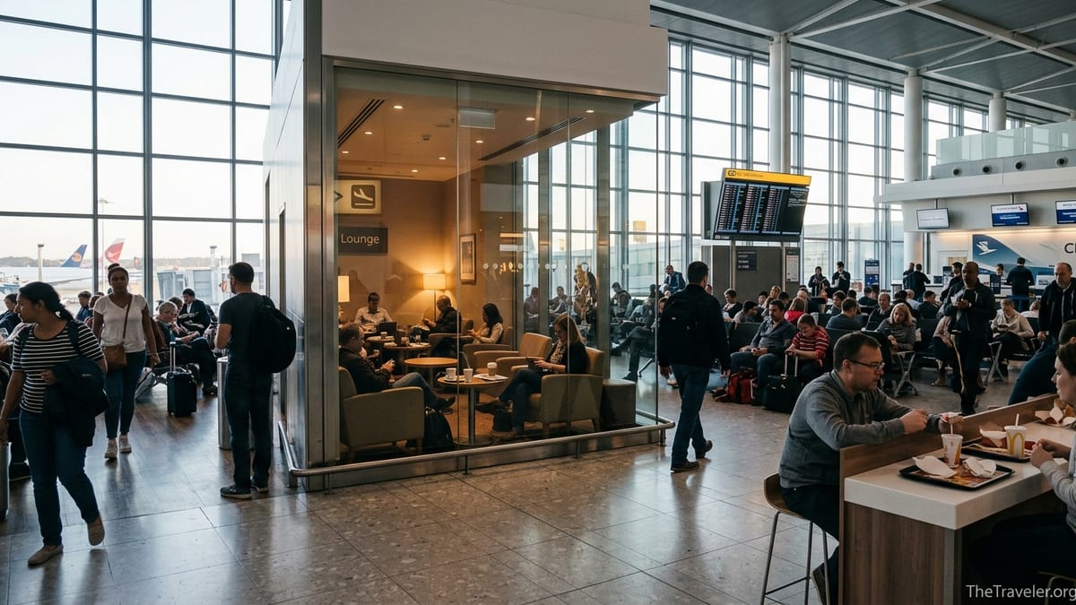Travelers in a busy airport terminal walk past a calm, glass-walled lounge area.