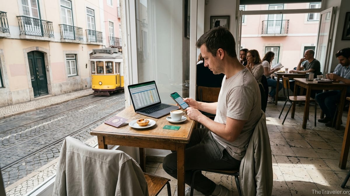 Traveler checking Wise-style banking app in a Lisbon café with card and laptop on the table.