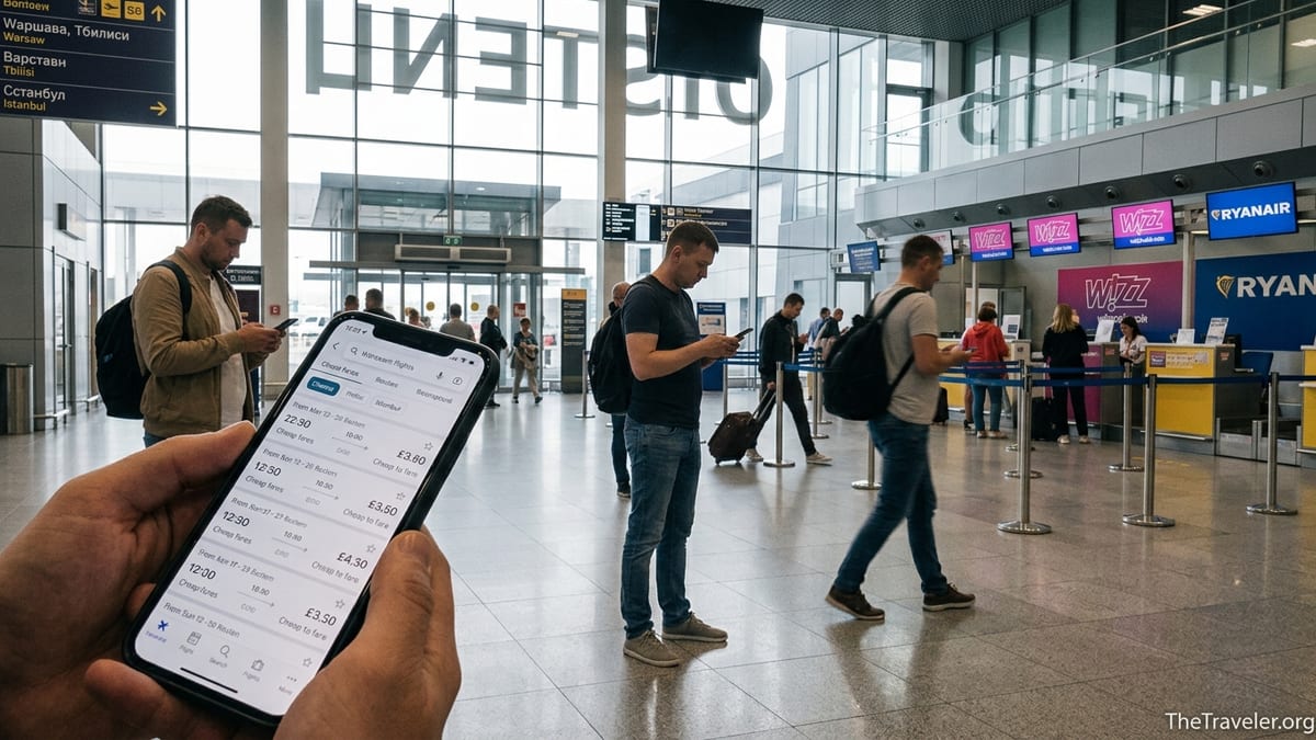Travelers in an Eastern European airport checking flight deals on their phones.
