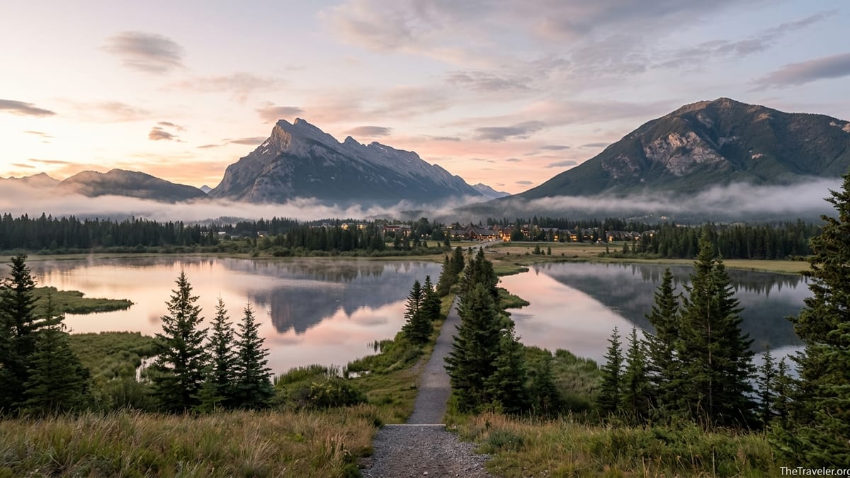 Sunrise over Banff’s Mount Rundle reflected in calm Vermilion Lakes with mist in the valley.