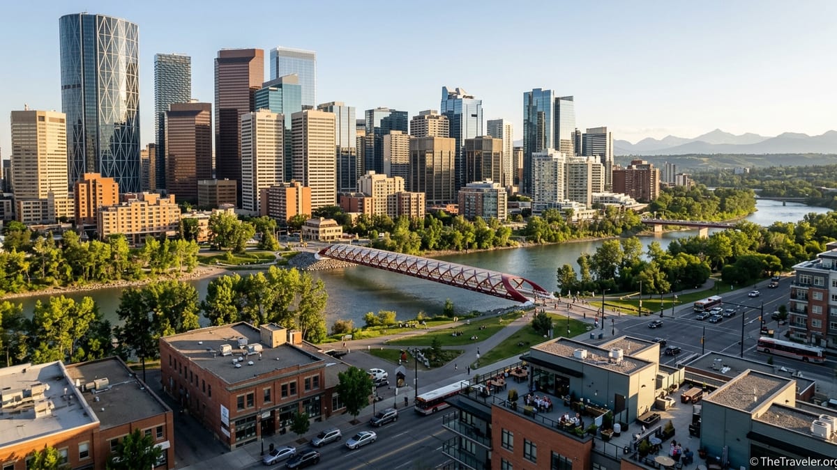 Downtown Calgary skyline at sunset with the Bow River and Peace Bridge leading toward the distant Rocky Mountains.