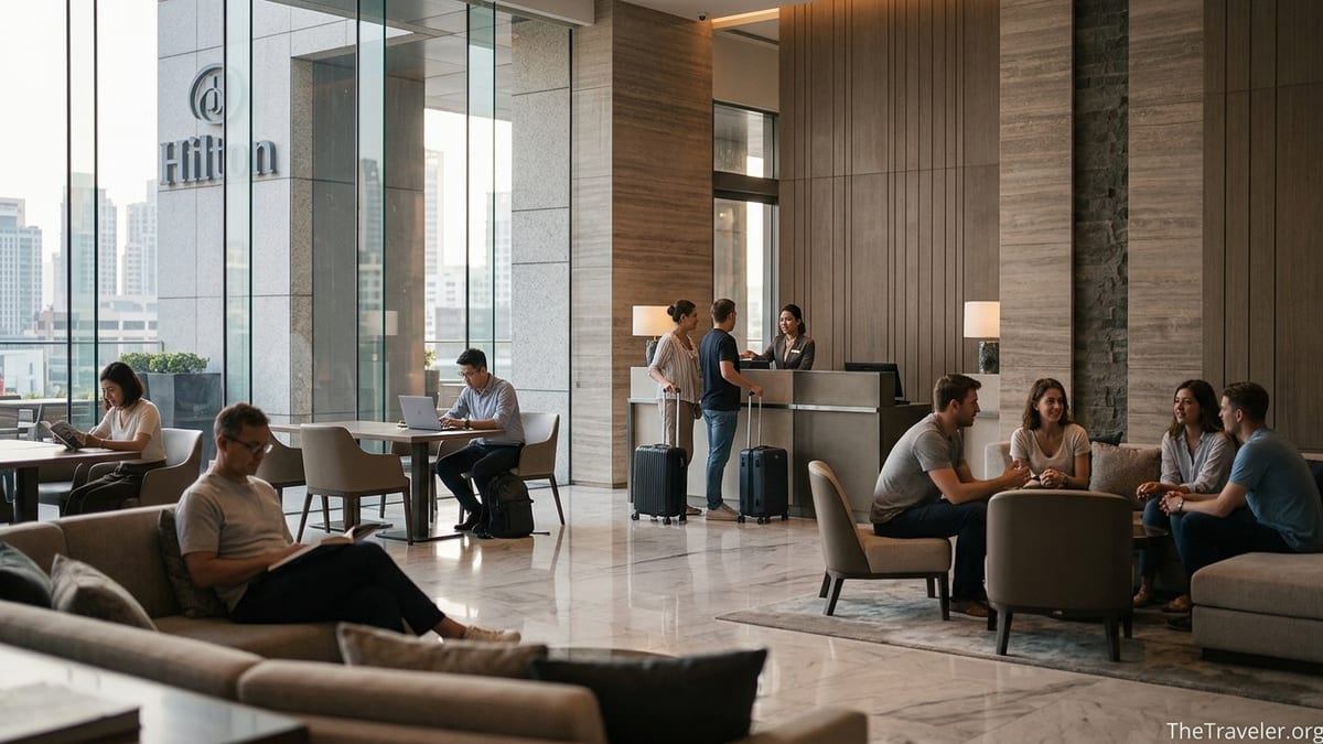 Guests check in and relax in a bright, modern Hilton hotel lobby in a global city.