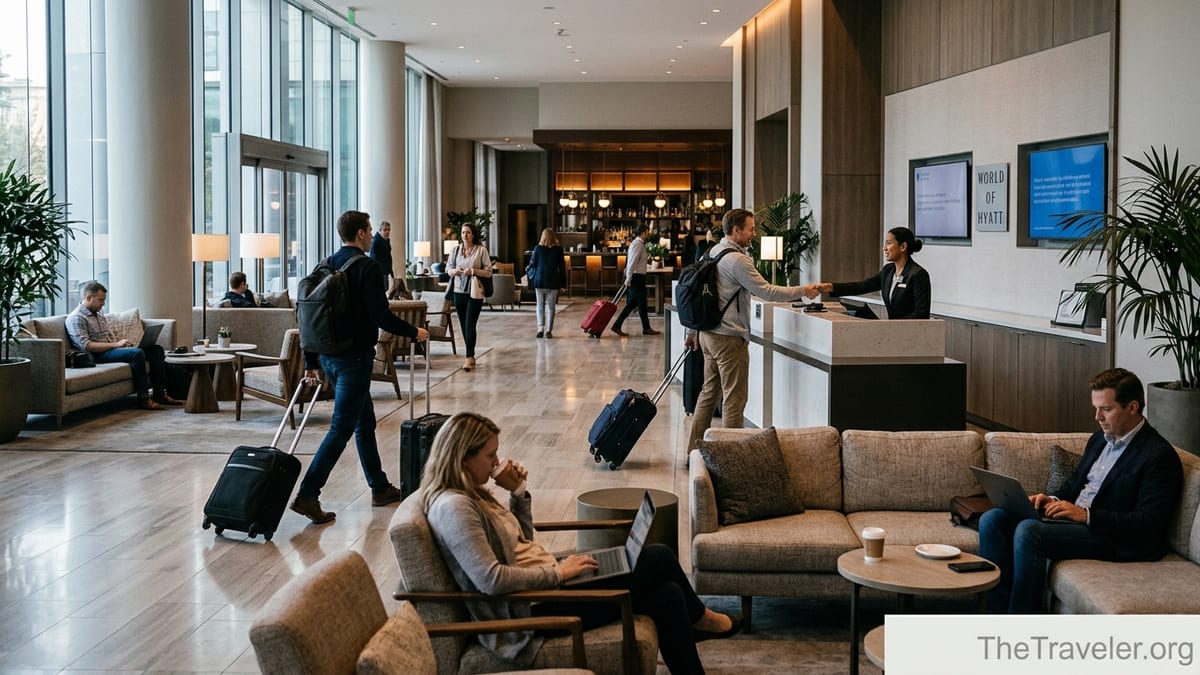 Busy Hyatt lobby with frequent travelers checking in and relaxing in modern seating areas.