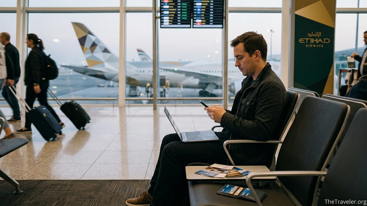 Traveler at airport gate reviewing credit card options with an Etihad plane outside the window.