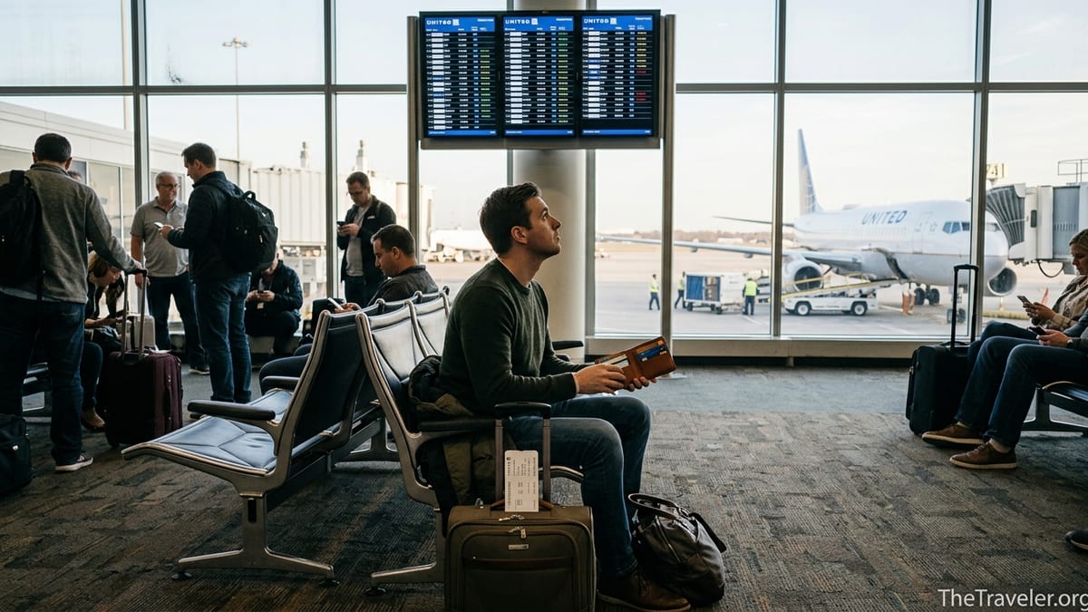 Traveler at a United Airlines gate weighing credit card options before boarding.