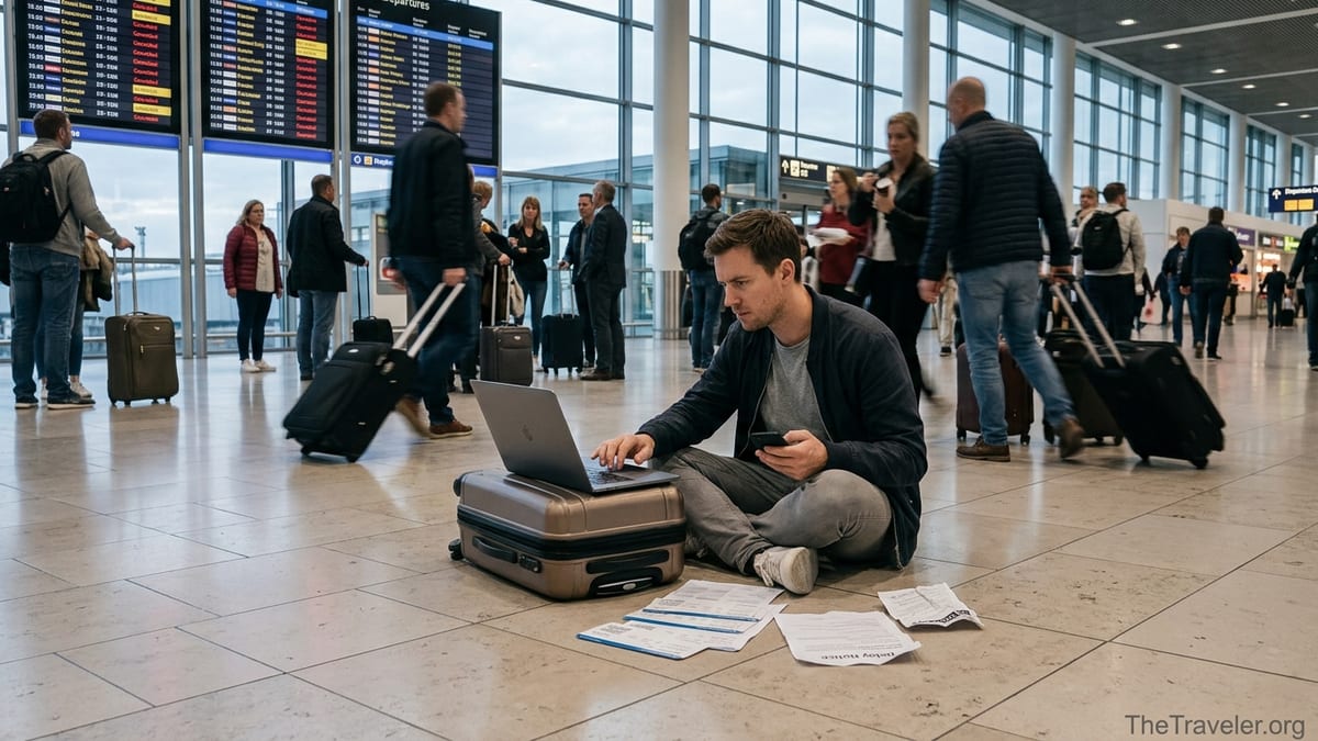 Traveler sitting on the floor of a busy airport terminal reviewing flight documents on a laptop and phone.