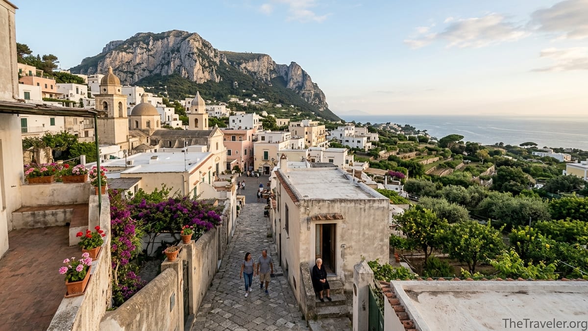 Quiet street in Anacapri at golden hour with whitewashed houses and sea view