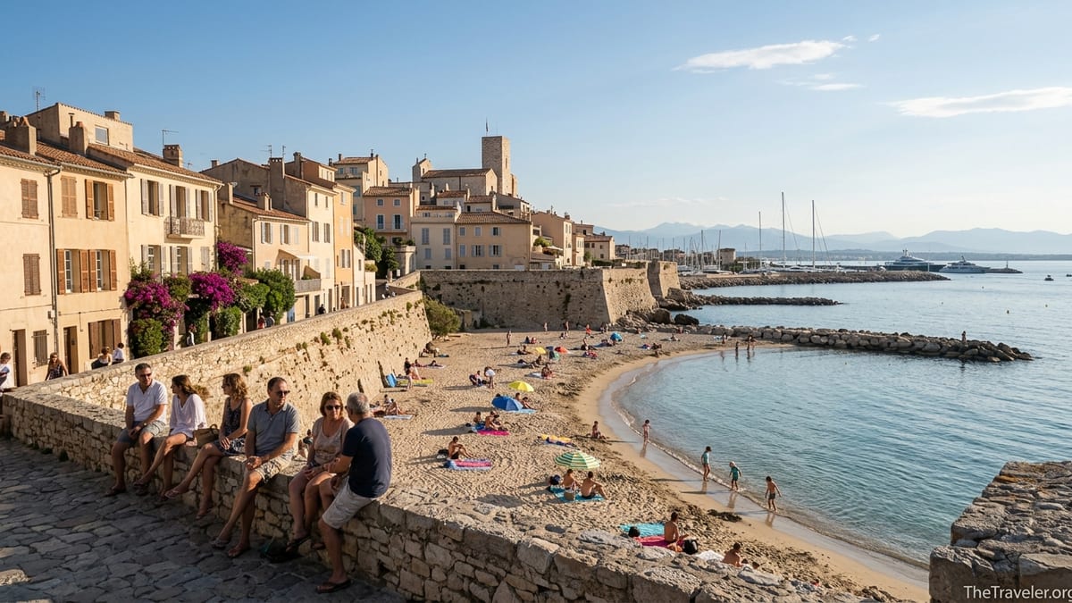 View over Antibes ramparts and Plage de la Gravette with old town and marina at golden hour.