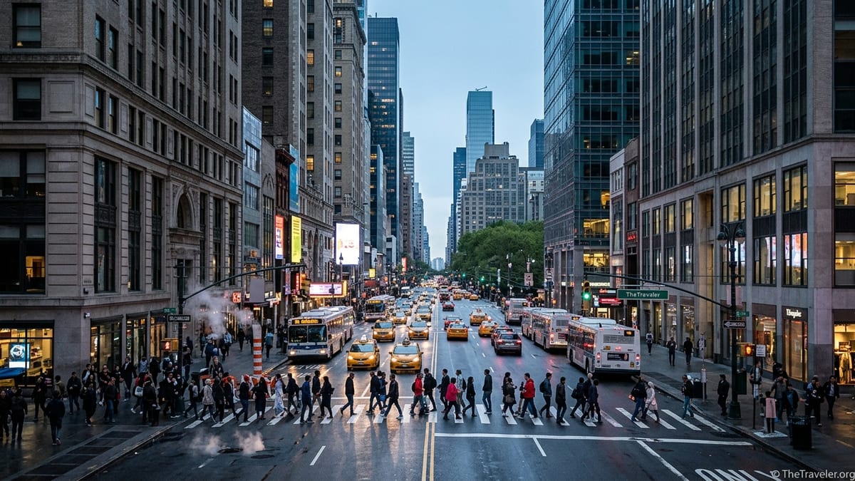 Early evening street scene in Midtown Manhattan with crowds, lights and yellow taxis.