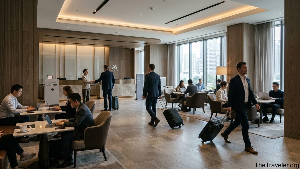 Busy Marriott hotel lobby with travelers checking in and relaxing in a bright, modern space.